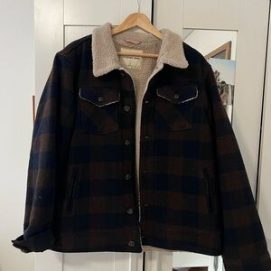The Normal Brand Men's Blue and Brown Plaid Jacket with Sherpa Collar